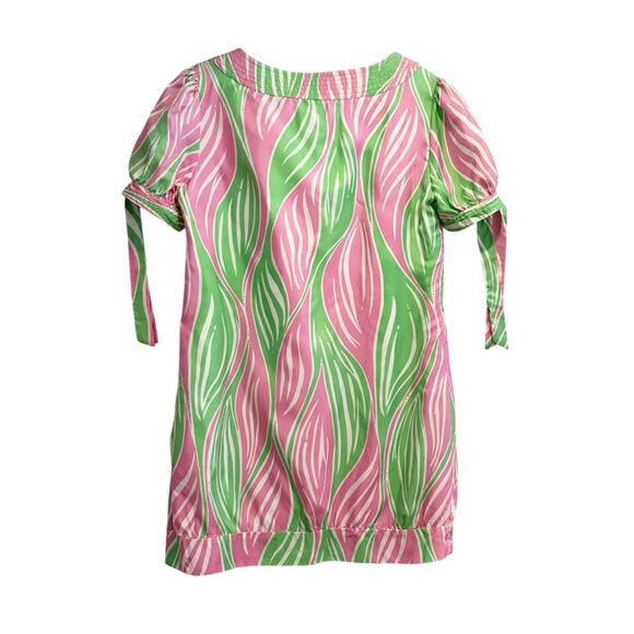 Lilly Pulitzer Silk Mini Dress Size 4 Pink Green Leaf Print Tie Short Sleeve - Picture 3 of 14